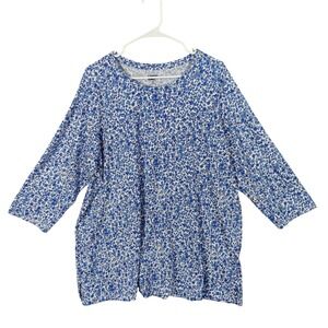 Lands End Womens Plus 2X Blue Floral Crew Neck 3/4 Sleeve Top Cotton Modest